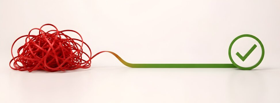 Tangled red wire transforming into a straight green line with a checkmark symbolizing problem solving simplification and successful completion