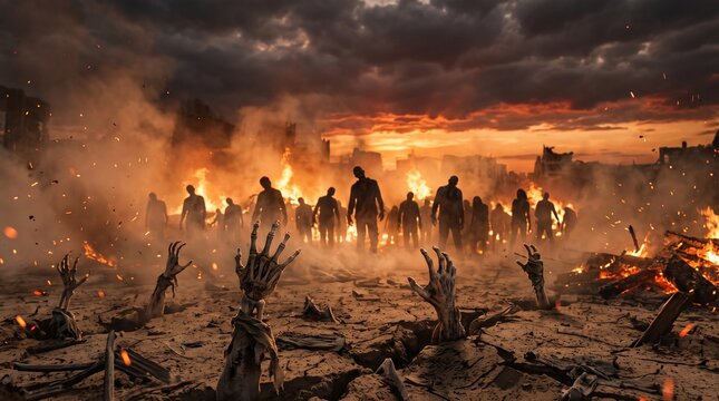 Halloween zombie apocalypse dramatic scene of undead rising from earth amidst fiery destruction