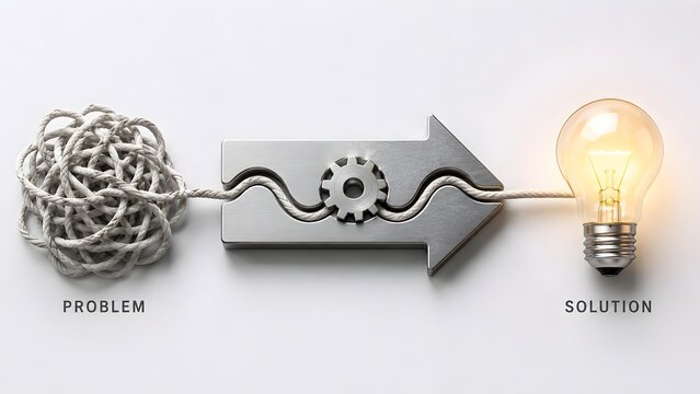 Tangled rope passing through gear mechanism to lightbulb illustrating complex problem solving and innovative business solution