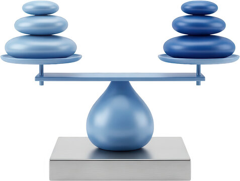 A blue balance scale with stacked smooth stones on both trays illustrating equilibrium and harmony pebbles zen meditate weight compare choice decision weighing equal sameness