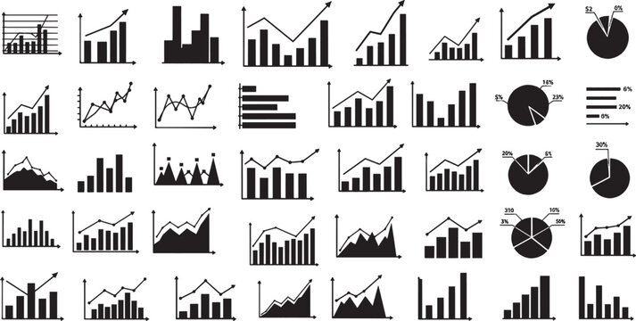 Set of black business chart and graph icons for financial data analysis isolated on transparent background, Vector