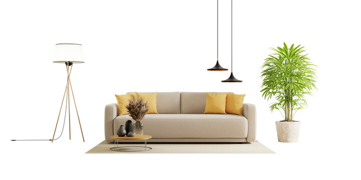 Modern beige sofa with yellow pillows floor lamp and potted plant isolated on transparent background- 3D rendering