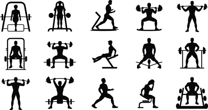 Flat vector silhouettes of athletes weightlifting, squatting, lunging, exercising in gym