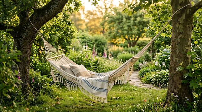 Cozy Hammock Hanging Between Trees in Lush Green Garden