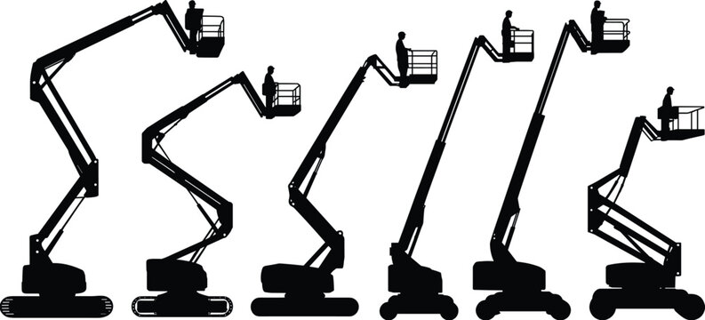 Flat vector silhouettes of boom lifts with workers in baskets illustration