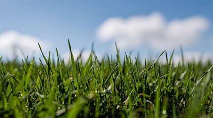 Fototapeta premium Close up view of lush green grass against a blue sky with white clouds.