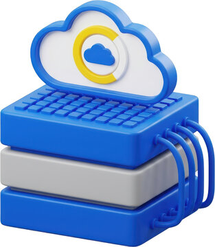 A stylized 3D illustration depicting a stack of blue and grey server like units connected by tubes topped with a blue cloud symbol on a laptop keyboard motif cloud computing