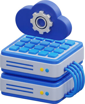 A stylized blue cloud icon with a silver cogwheel sits atop stacked blue and white server racks connected by blue cables cloud computing data center technology network storage