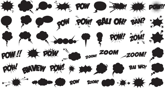 Set of black comic book speech bubbles and explosion shapes with action sound effects like pow and zoom for graphic design and cartoon illustration isolated on transparent background, Vector