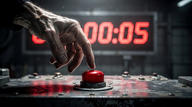Creepy creature hand pressing a red emergency button with a countdown clock.