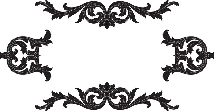 Black vintage floral frame border design with decorative ornate scroll patterns for elegant invitation cards or labels isolated on transparent background, Vector