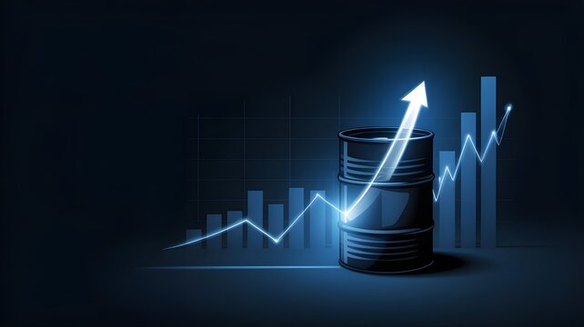 Oil barrel with a rising glowing arrow and bar chart representing increasing commodity prices and energy market growth on a dark blue background