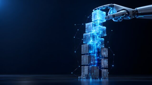Robotic hand building tower of glowing digital circuit cubes illustrating artificial intelligence automation and future tech infrastructure