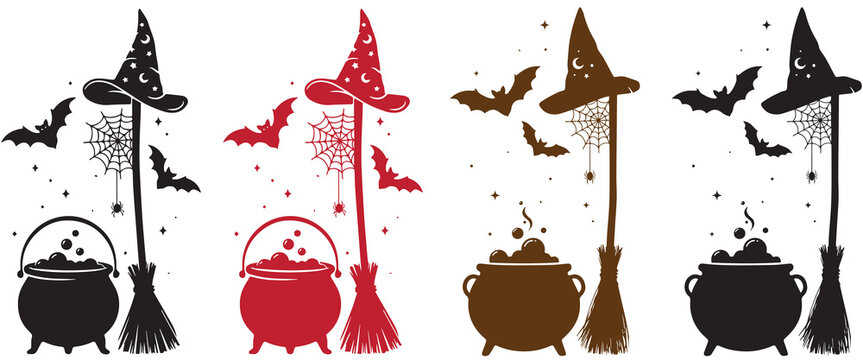 Halloween witch cauldron and broomstick vector set with spider web, bats and wizard hat in multiple color variations