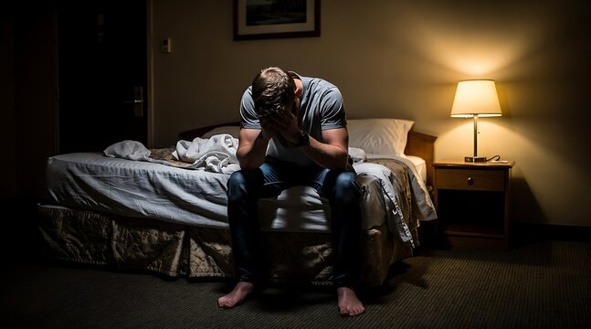 Depressed young man sitting alone on edge of bed in dark bedroom.
