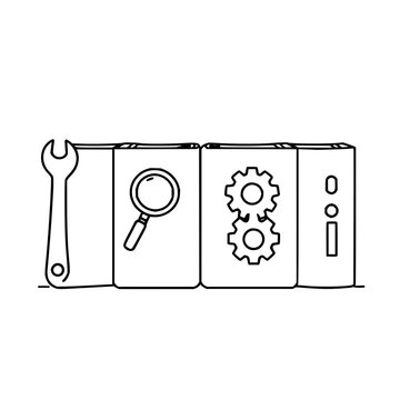 Four books with different icons on their covers, arranged in a row, each with a distinct symbol: a wrench and screwdriver, a magnifying glass, a gear, and an information "i" icon. The books are dep...