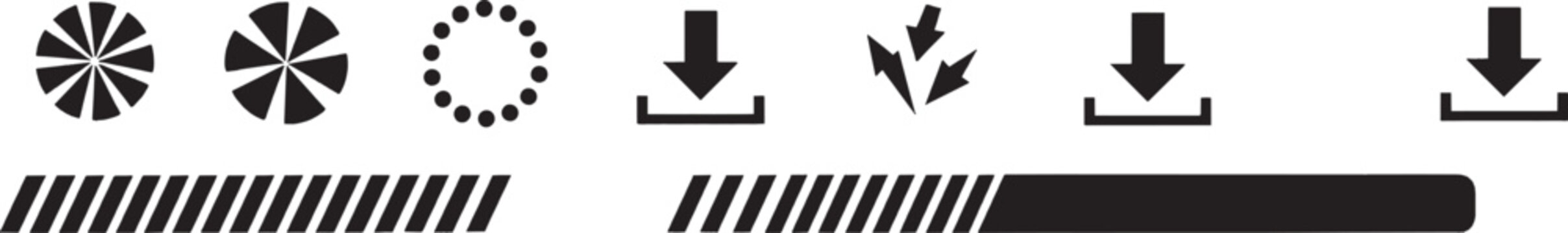 Set of black web download icons and progress loading bars for user interface design isolated on transparent background, Vector