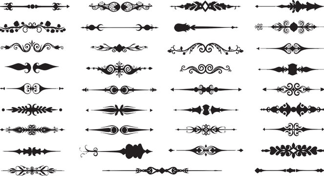 Set of black decorative line dividers and classic vintage text flourishes for elegant page separation and book typography design elements isolated on transparent background, Vector