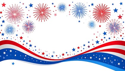 Obraz premium Red White and Blue Swoosh Wave with Fireworks on White 