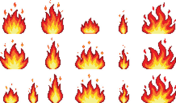 Pixel art fire sprite sheet vector elements set featuring retro gaming style flame bonfire and explosion animations icons bundle