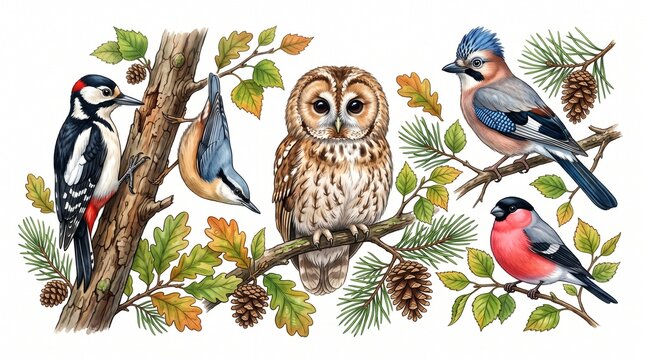 adorable owl, woodpecker, nuthatch, jay and bullfinch with forest branches, pinecones and leaves, isolated on white background