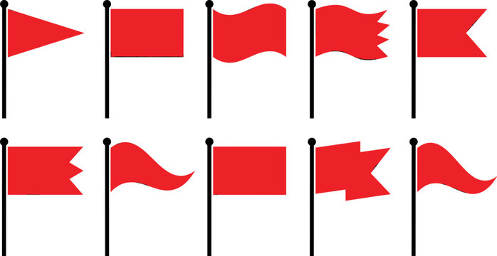 Red flag icons set featuring various waving pennant rectangle triangle and swallowtail shapes on poles vector elements bundle