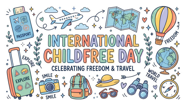 International childfree day illustration with travel and freedom elements