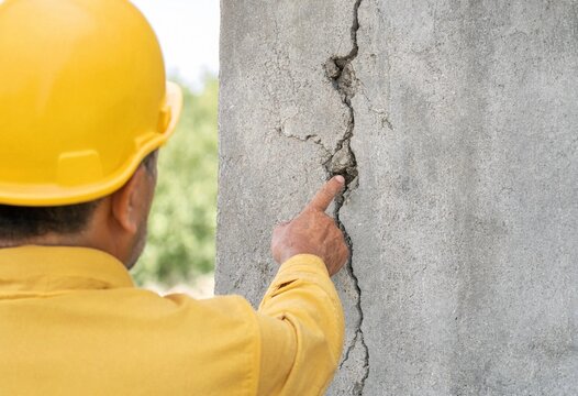 Engineer inspecting structural crack on concrete building exterior, pointing at damaged wall to assess safety, deterioration, maintenance needs, construction defects, and repair requirements.