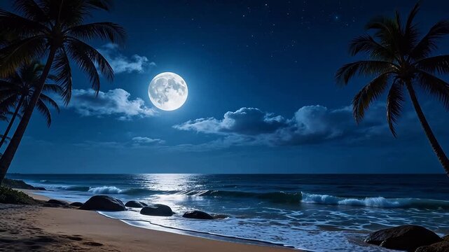 Beach at night with full moon