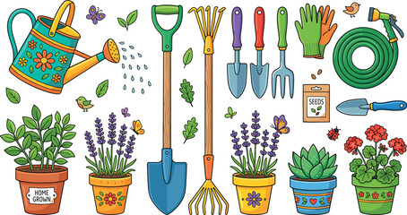Spring gardening tools and backyard equipment vector set with watering can shovel rake garden hose and potted flowers illustrations © ALOMGIR