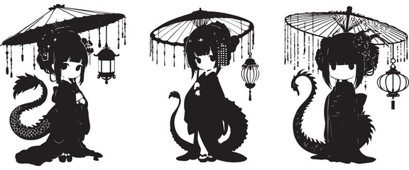Cute chibi anime dragon girl silhouette collection wearing traditional kimono with Japanese parasol and hanging lantern © Mujtanibah