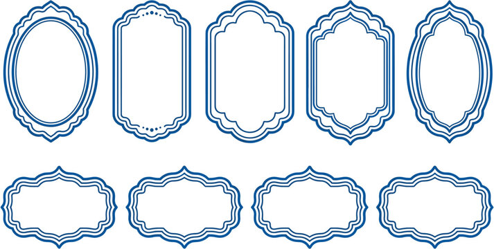 Vintage blue outline decorative label frames set featuring elegant ornamental borders for wedding invitations stickers and product tags vector bundle