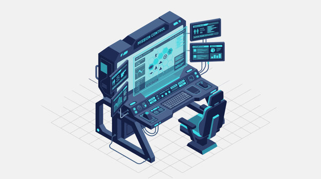 Isometric futuristic mission control workstation with tactical HUD screens, military command center desk and sci-fi operator chair vector illustration