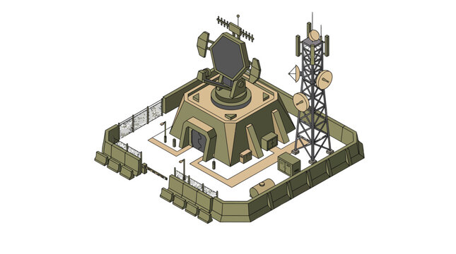 Isometric military radar station with communication tower and bunker vector illustration