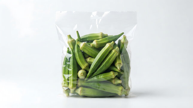 Healthy and fresh green okra pods, neatly packed in a clear plastic bag, ready for market or kitchen use, isolated on a white background

