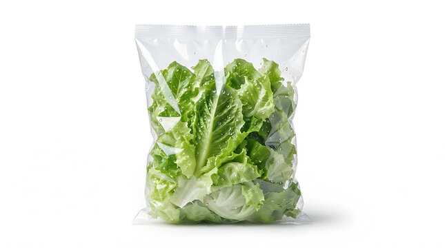 Fresh green romaine lettuce leaves packed in a clear plastic bag with visible water droplets, isolated on a clean white background, highlighting healthy eating and convenient produce
