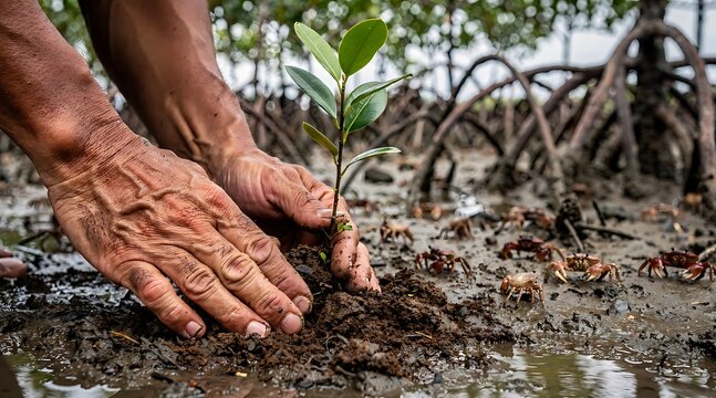 Hands Planting Mangrove Seedling in Muddy Soil.