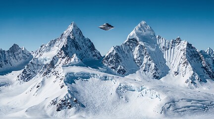 Obraz premium Helicopter flying over snowy mountain peaks in the Himalayas.