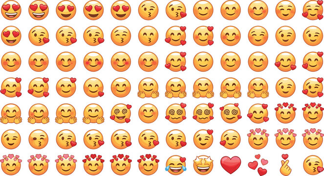 Large yellow emoji emoticon sticker collection grid featuring diverse romantic love expressions kissing blushing and hearts for social media marketing design