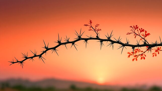 Twisting Thorn Branch Silhouette Climbing Amber Dusk Sky