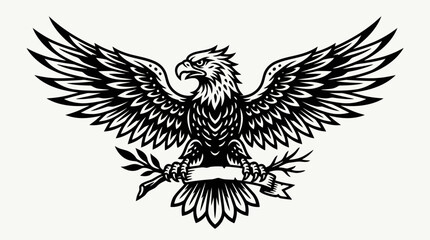Fototapeta premium Eagle Emblem with Laurel Branch and Banner - Black and White Graphic