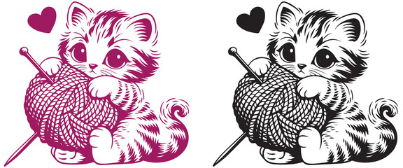 Naklejka premium Cute kitten silhouette playing with yarn ball and knitting needle in black and magenta color variations, playful cat vector