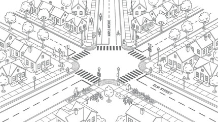 Fototapeta premium Aerial View of Suburban Intersection with Houses, Roads, and Pedestrians