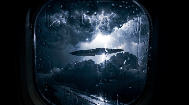 Mysterious UFO flying saucer seen through an airplane window during a night thunderstorm.