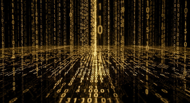 Golden numeric data stream with falling digits and binary code onto a reflective surface. Abstract glowing golden numbers in a vertical matrix-style flow against a dark background.