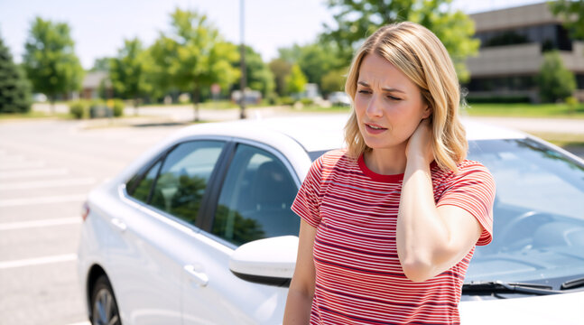 Blonde woman holding her neck in pain after a car accident. Injured female driver suffering from whiplash in a parking lot. Neck strain and vehicle insurance concept