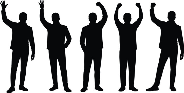 Successful business man silhouette vector illustration set, happy cheering workers celebrating isolated on white background