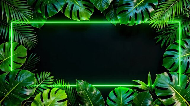 Tropical leaves with neon frame