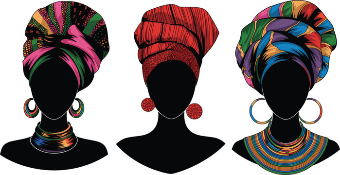 African woman portrait silhouette vector set, traditional turban headwrap and ethnic jewelry on white backgroundd