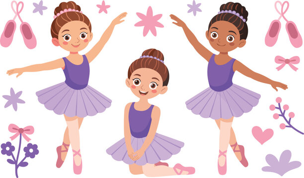 Cute little ballerina girl vector character set, cartoon princess dancers wearing tutu isolated on white background
